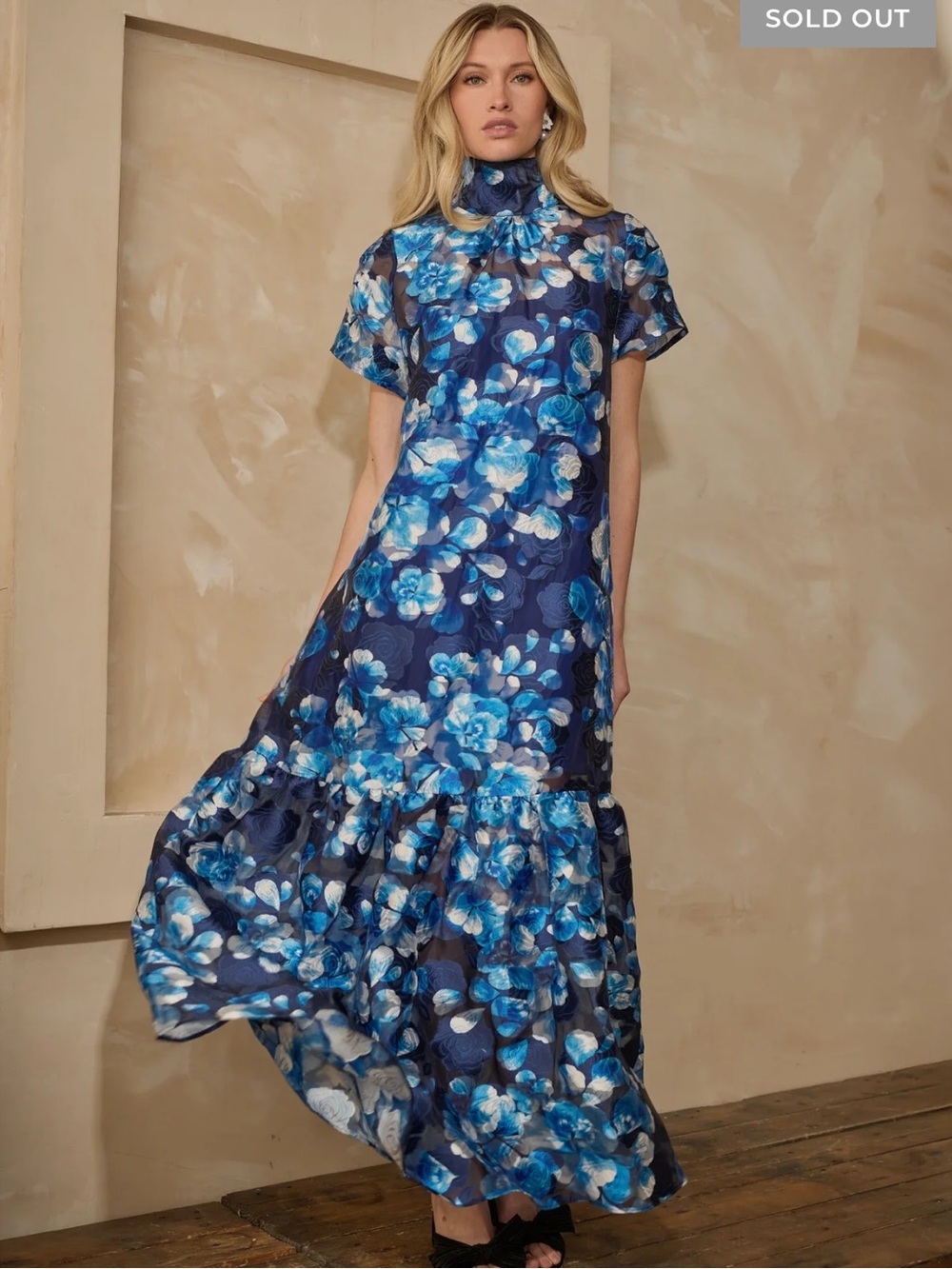 Blue Floral High-Neck Maxi Dress